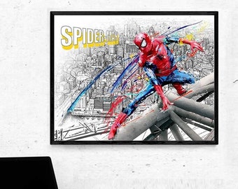 Spiderman Watercolor Art, Superhero Print, Movie Poster, Avengers, Comic, Marvel, Wall Art, Kids Room Decor