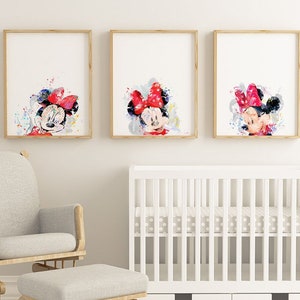 Minnie Mouse, Acuarela, Impresión de arte, Mickey Mouse, Baby Shower, Póster de Minnie Mouse, Arte de pared, Decoración de guardería, Decoración de habitaciones para niños - 1117-1119