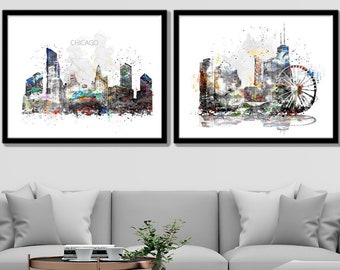 Chicago Skyline Watercolor Art Print USA Home Decor
