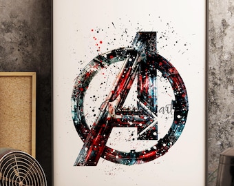 Avengers Watercolor Print, Avengers Logo, Thor, Hulk, Captain America, Superhero Posters, Comic, Wall Art, Home Decor, Kids Room Decor - 318