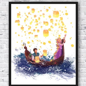 Princess Rapunzel, Tangled, Flynn Rider, Boat, Watercolor Print, Movie Poster, Wall Art, Home Decor, Kids Room Decor, Nursery Decor