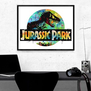 Jurassic Park Watercolor Print, Dinosaur Art, Movie Poster, T-Rex, Jurassic World, Wall Art, Kids Room Decor, Nursery Art, Colorful Art 598