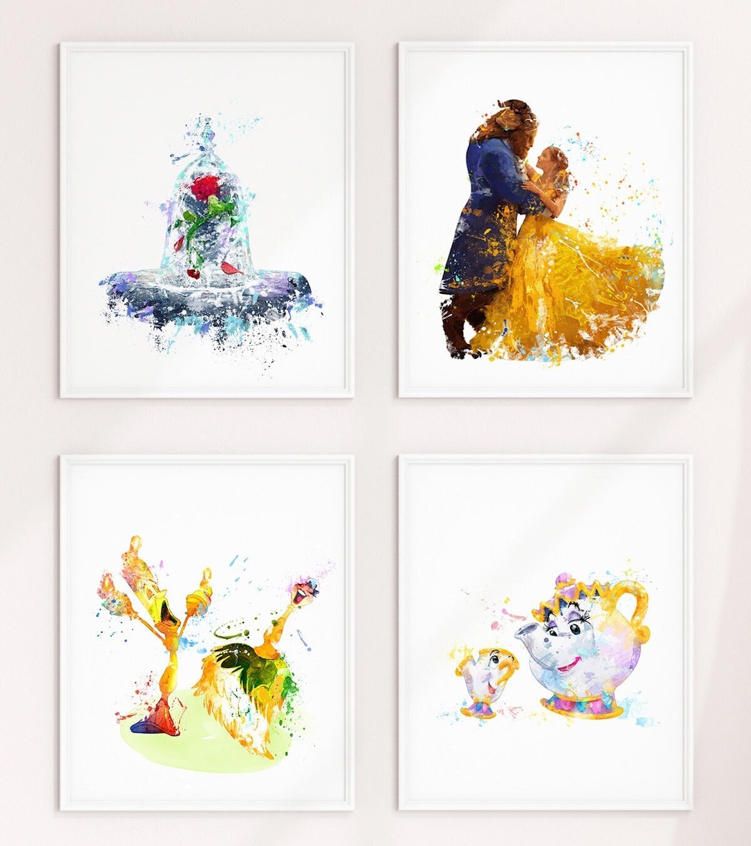 Beauty and the Beast, Watercolor, Art Print, Princess Belle, Beast, Chip and Mrs Pott, Rose ...