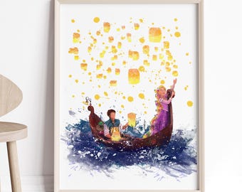 ラプンツェル 塔の上のラプンツェル 水彩画アートプリント：フリン