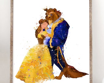 May include: Watercolor art print of Belle and the Beast from Beauty and the Beast. The artwork features Belle in a yellow gown and the Beast in a blue coat, embracing. The print has a white background and is framed in a wooden frame.