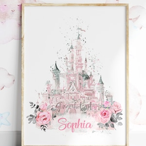 Pink Castle Watercolor Print, Castle Art, Colorful Poster, Princess Art, Nursery Decor, Girls Room Decor, Kids Room Decor, Wall Art -568-N