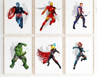 Stampa artistica ad acquerello Avengers: decorazione per la cameretta dei bambini con supereroi
