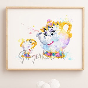 Beauty and the Beast Watercolor Print, Chip and Mrs Pott, Belle Art, Movie Poster, Nursery, Kids Room Decor, Wall Art, Gift - 700