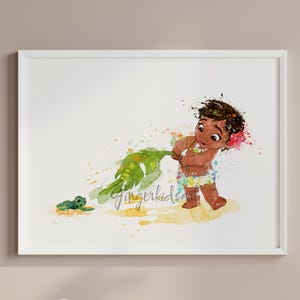 Baby Moana, aquarela, impressão de arte, pôster de filme, arte de parede, decoração de quarto infantil, decoração de berçário