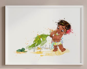 モアナとスティッチの水彩画プリント、ディズニーの子供部屋用ウォール