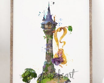 ラプンツェルの水彩画アートプリント：塔の上のラプンツェル映画