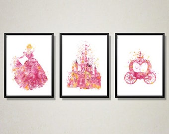 Cinderella, Princess, Watercolor, Art Print, Castle, Carriage, Pink, Movie Poster, Girl, Kids Room Decor, Nursery Decor, Wall Art - 71-1-2