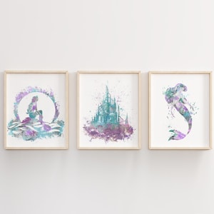 Juego de acuarela de Ariel, princesa, Ariel, castillo, impresión artística, sirenita, arte de pared de sirena, decoración de sirena, decoración de habitación infantil, decoración de guardería