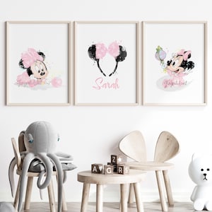 Minnie Mouse, acuarela, impresión artística, Mickey Mouse, baby shower, nombre personalizado, póster de Minnie Mouse, arte de pared, decoración de guardería, decoración de habitación de niños