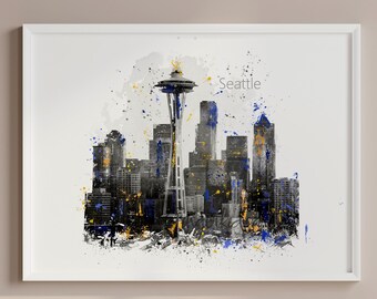 Seattle Skyline Watercolor Print, Minimalist Cityscape Travel Art