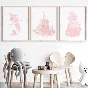 Ariel acuarela conjunto, princesa, sirenita, Ariel, castillo, impresión de arte, arte de la pared de la sirena, decoración de la sirena, decoración de la habitación de los niños, decoración de la guardería