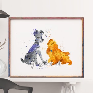 Lady und Strolch, Aquarell Druck, Film Poster, Hunde Wand Kunst, Home Decor, Kinderzimmer Dekor - 361
