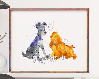 Lady and Tramp, Watercolor Print, Movie Poster, Dogs Wall Art, Home Decor, Kids Room Decor, Nursery Decor - 361