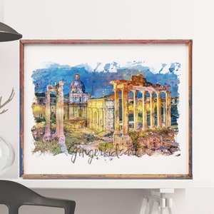 Roma, Arte de la acuarela, Antiguo, Impresión de Roma, Mapa de Roma, Pintura de Italia, Foro Romano, Coliseo de Roma, Arquitectura, Decoración del Hogar, Arte de la pared