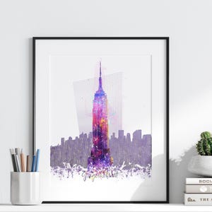 Impresión de acuarela del Empire State Building, póster del horizonte, arte de viaje, Estados Unidos, Nueva York, pintura de paisaje urbano, arte de pared, decoración del hogar -893
