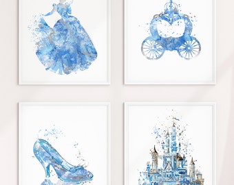 Cinderella Watercolor Art, Princess Print, Castle, Carriage, Shoe, Wall Art, Kids Room Decor, Nursery Decor