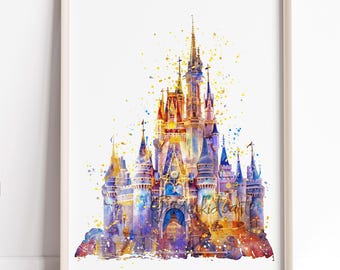 シンデレラ城アート、プリンセス水彩画、ディズニーワールド城