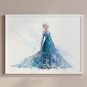 Impressão em aquarela da princesa Elsa, impressão de arte congelada, pôster de filme, arte de parede, decoração para casa, decoração de quarto infantil, decoração de quarto de menina, arte de parede - 1242