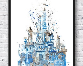 Castle Watercolor Print, Princess Poster, Blue, Gray, Cinderella, Nursery Decor, Girls Room Decor, Wall Art, Home Decor