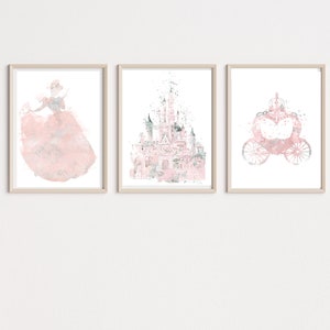 Princess Cinderella, Watercolor, Art Print, Cinderella Castle, Cinderella Carriage, Princess Wall Art, Kids Room Decor, Nursery Decor