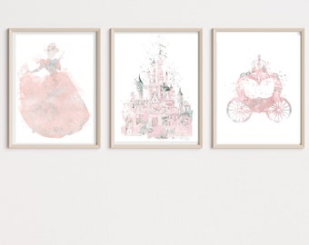 Princess Cinderella, Watercolor, Art Print, Cinderella Castle, Cinderella Carriage, Princess Wall Art, Kids Room Decor, Nursery Decor