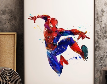 Spiderman Watercolor Art Print, Superhero Kids Room Decor