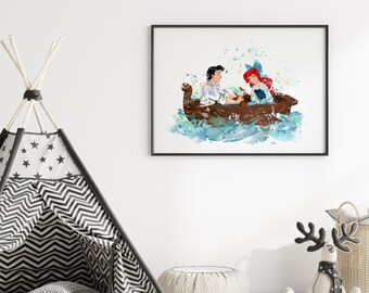 アリエル姫とエリック王子のアートプリント：人魚姫の水彩画 790