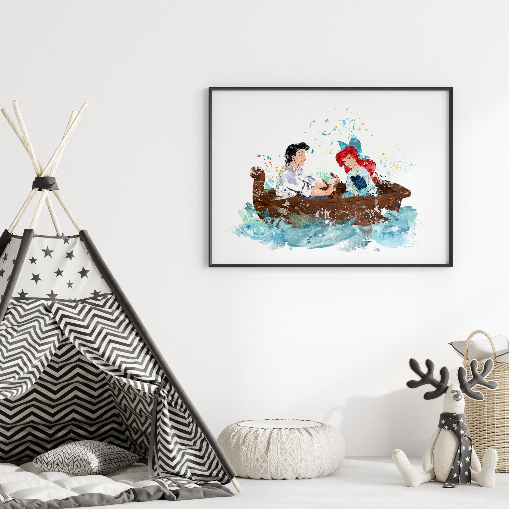 アリエル姫とエリック王子のアートプリント：人魚姫の水彩画 790