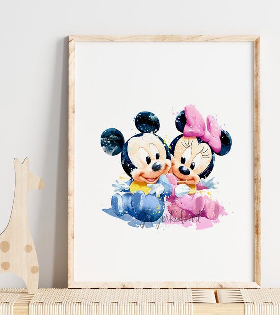 ベビーミッキーとミニーの水彩画アートプリント：子供部屋の装飾