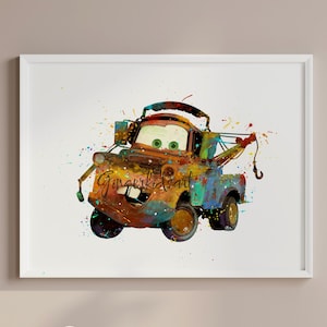 Mater Car Watercolor Poster, Art Print, Lightning McQueen Cars, Movie Poster, Kids Room Decor, Wall Art, Nursery Art - 540