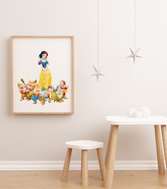 Print, Art, Movie Art Decor, Poster, Princess, White Decor Wall and Dwarfs Decor, Watercolor - Snow Home Seven Room 821 Nursery Etsy Kids Print,