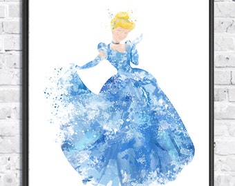 Princess Cinderella Watercolor Print, Art Print, Movie Poster, Fairy Tale, Blue, Wall Art, Home Decor, Kids Room Decor, Nursery Art - 446