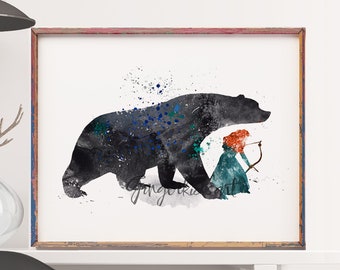 Brave Art Print, Princess Merida Art, Brave and Bear, Kids Decor, Watercolor Art, Wall Art, Home Decor, Room Decor - 205