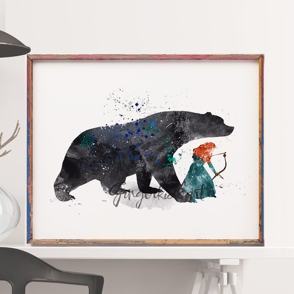 Impression d'art courageuse, art princesse Merida, courageux et ours, décoration pour enfants, aquarelle, art mural, décoration d'intérieur, décoration de chambre - 205