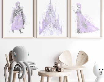 Frozen Watercolor Art Print Elsa, Anna, and Castle Kids Room Decor