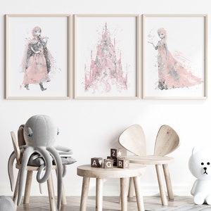 Congelado, Acuarela, Impresión de Arte, Princesa, Elsa, Anna, Castillo Congelado, Olaf, Kristoff, Cartel de la película, Decoración de la guardería, Decoración de la habitación de los niños, Arte de la pared