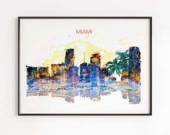 Miami Skyline Watercolor Print: Florida Travel Art 925
