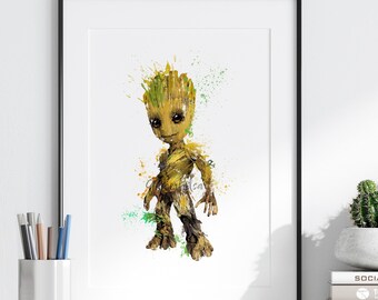 Groot Watercolor Art Print, Superhero Movie Poster