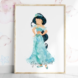 Princess Jasmine, Aladdin, Watercolor, Art Print, Genie, Movie Poster, Girl&#39;s Room Decor, Wall Art, Kids Room Decor, Nursery Decor - 323