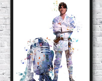 Luke Skywalker, R2D2, Aquarelle, Tirage d’art, Star Wars Art, Star Wars, Affiche de film, Dark Vador, Jedi, Art mural, Décoration de chambre d’enfants - 774