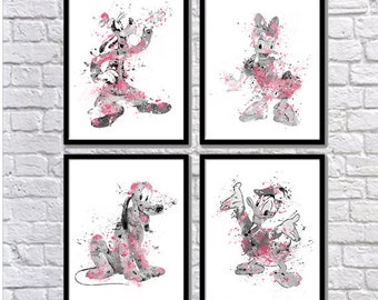 Mickey Mouse Watercolor Set, Castle Art Print, Minnie Mouse, Daisy, Donald Duck, Movie Poster, Nursery, Kids Room Decor, Wall Art