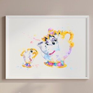 Beauty and the Beast Watercolor Print: Chip and Mrs. Potts Art 700