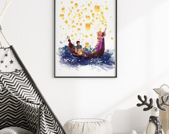 ラプンツェル 塔の上のラプンツェル 水彩画アートプリント：フリン
