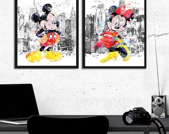 Mickey Mouse, Minnie Mouse, Watercolor, Art Print, Castle, Movie Poster, Nursery Decor, Kids Room Decor, Wall Art - 1113-1114