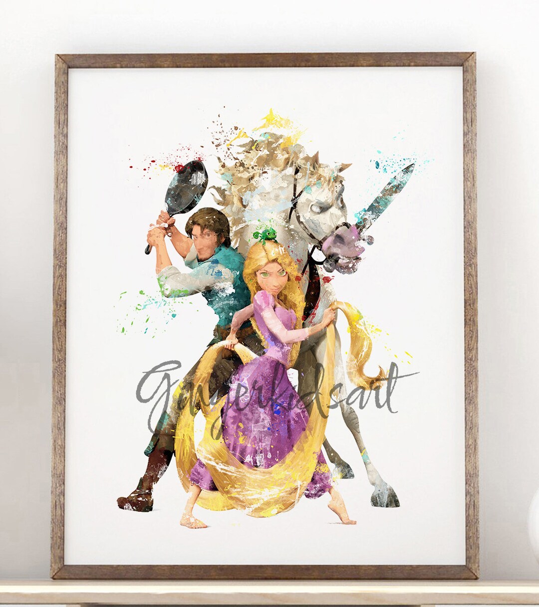 ラプンツェルの水彩画アートプリント：塔の上のラプンツェル映画